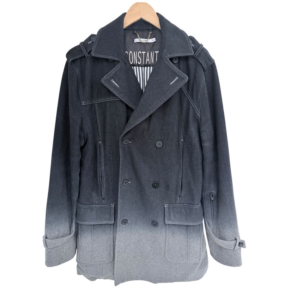 Volcom Peacoat Jacket Mens Medium Gray Ombre Wool Blend Double Breasted Coat